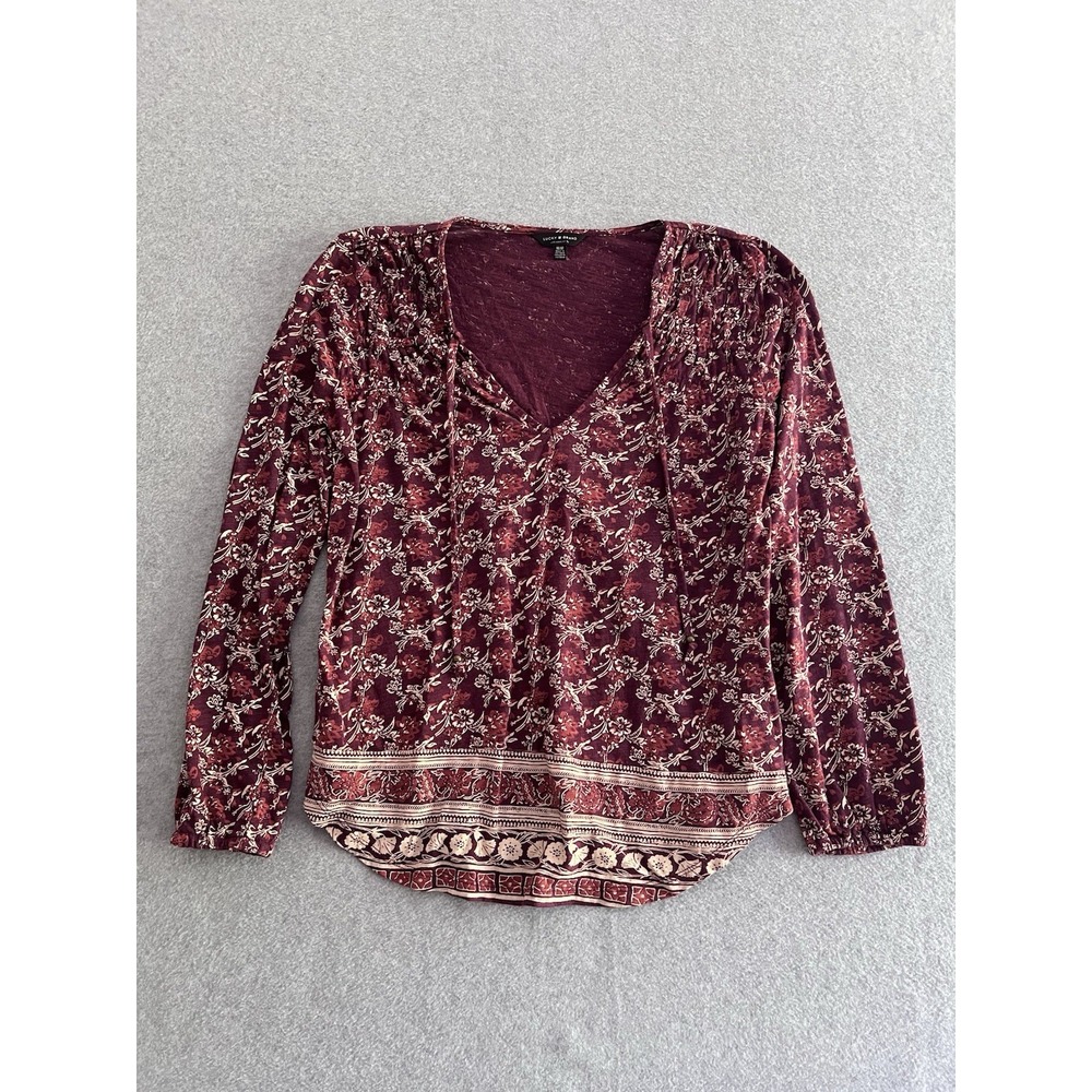 Lucky Brand M Blouse Womens Pullover Bohemian Peasant Cottagecore‎ Hippie Red